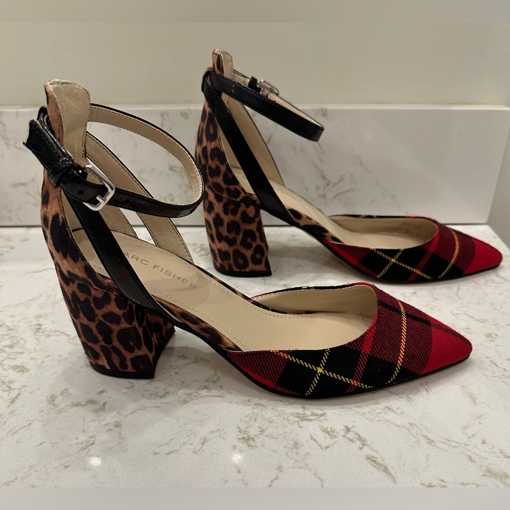 Marc Fisher Tartan Plaid Leopard Ankle Strap Block Heels 6 - Picture 2 of 12